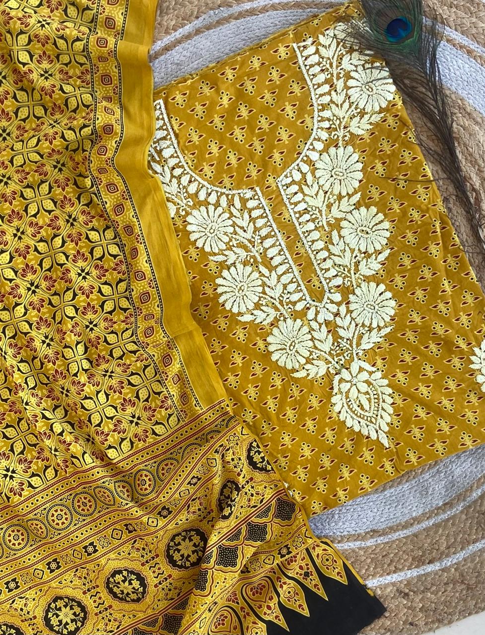 Chikankari Work Ajrakh Dupatta Suit