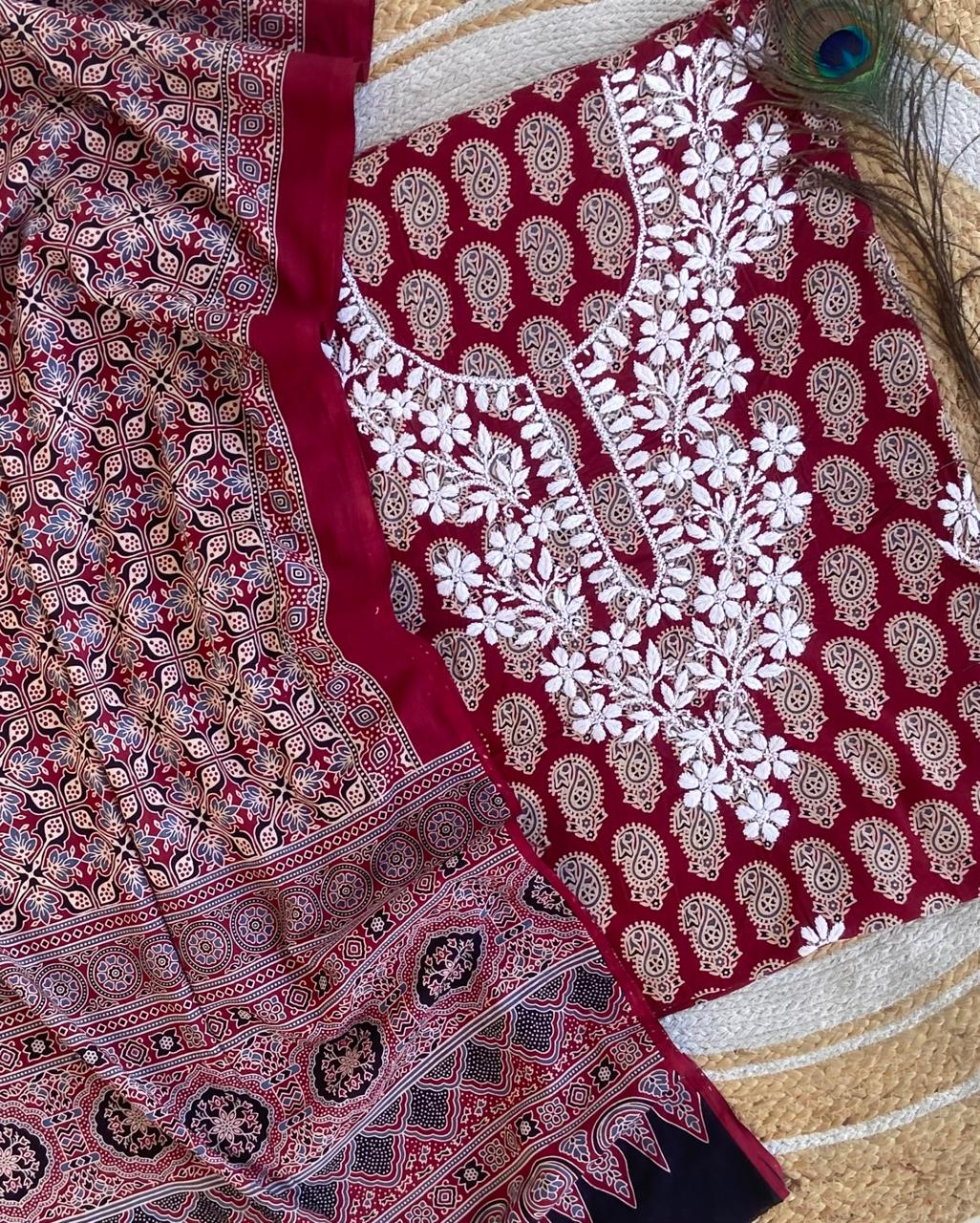 Chikankari Work Ajrakh Dupatta Suit