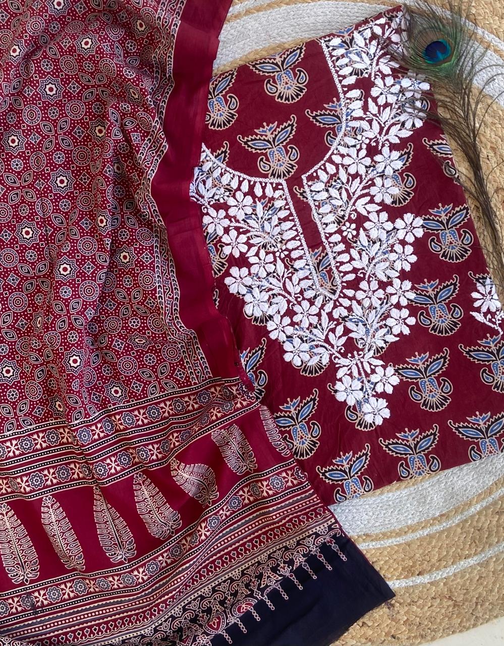 Chikankari Work Ajrakh Dupatta Suit