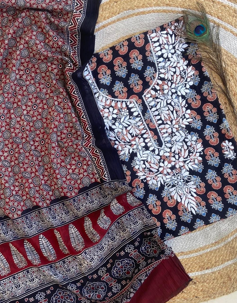 Chikankari Work Ajrakh Dupatta Suit