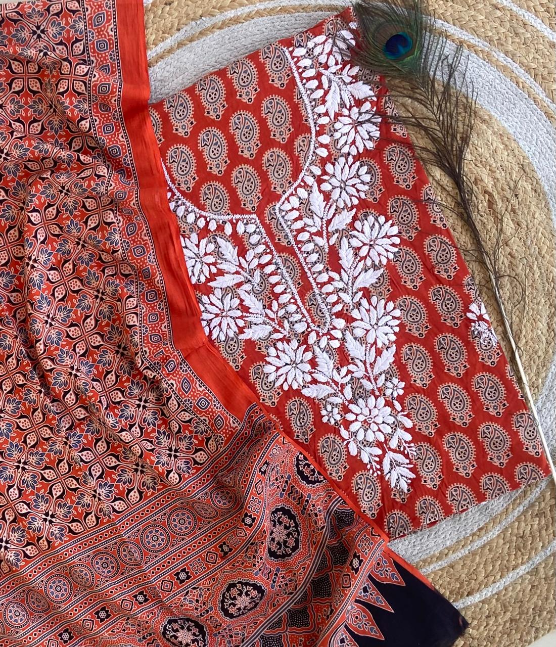 Chikankari Work Ajrakh Dupatta Suit