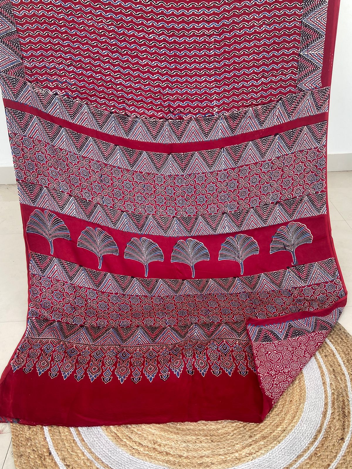 Ajrakh print hand block modhal shatin saree