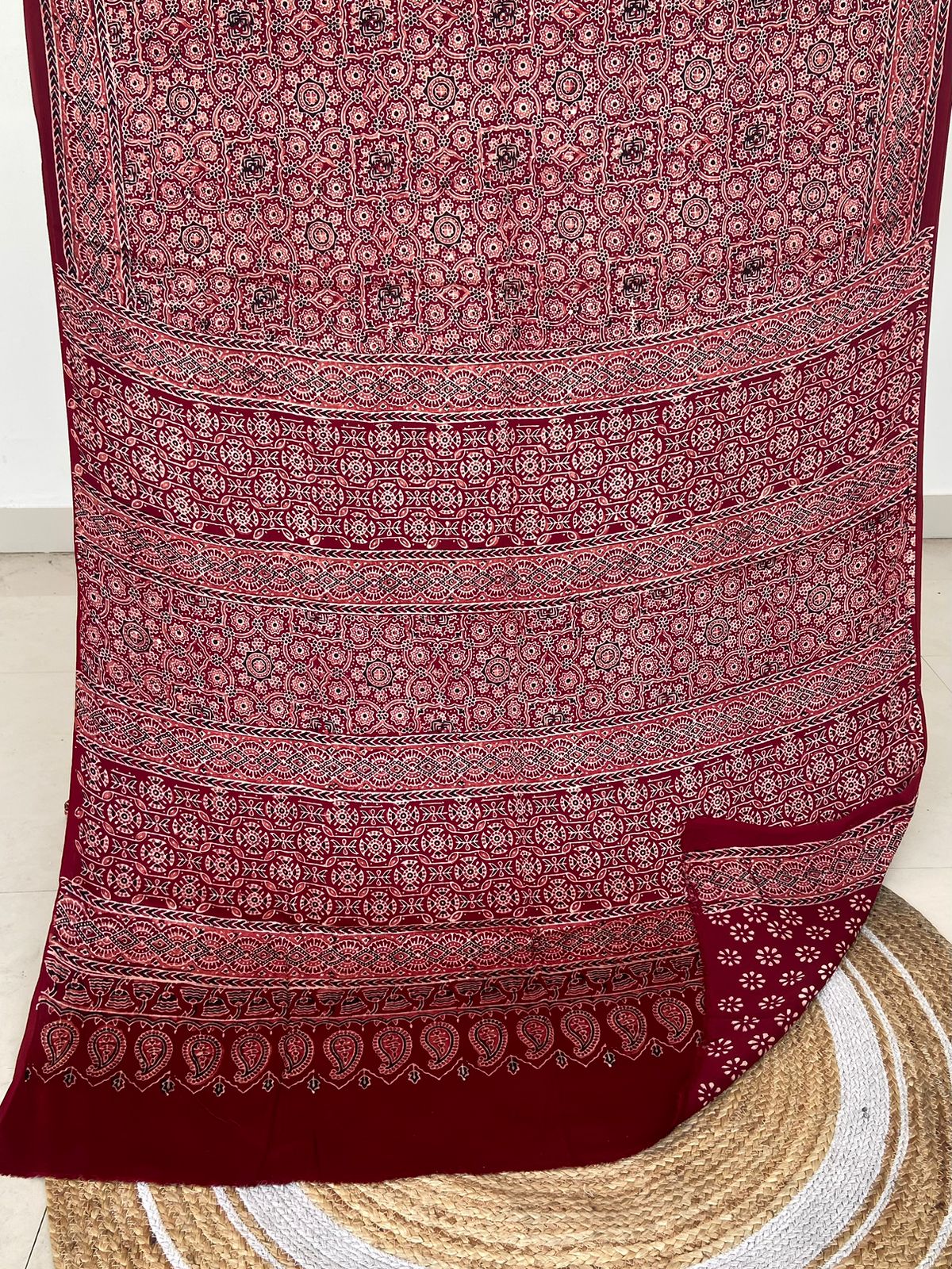 Ajrakh print hand block modhal shatin saree