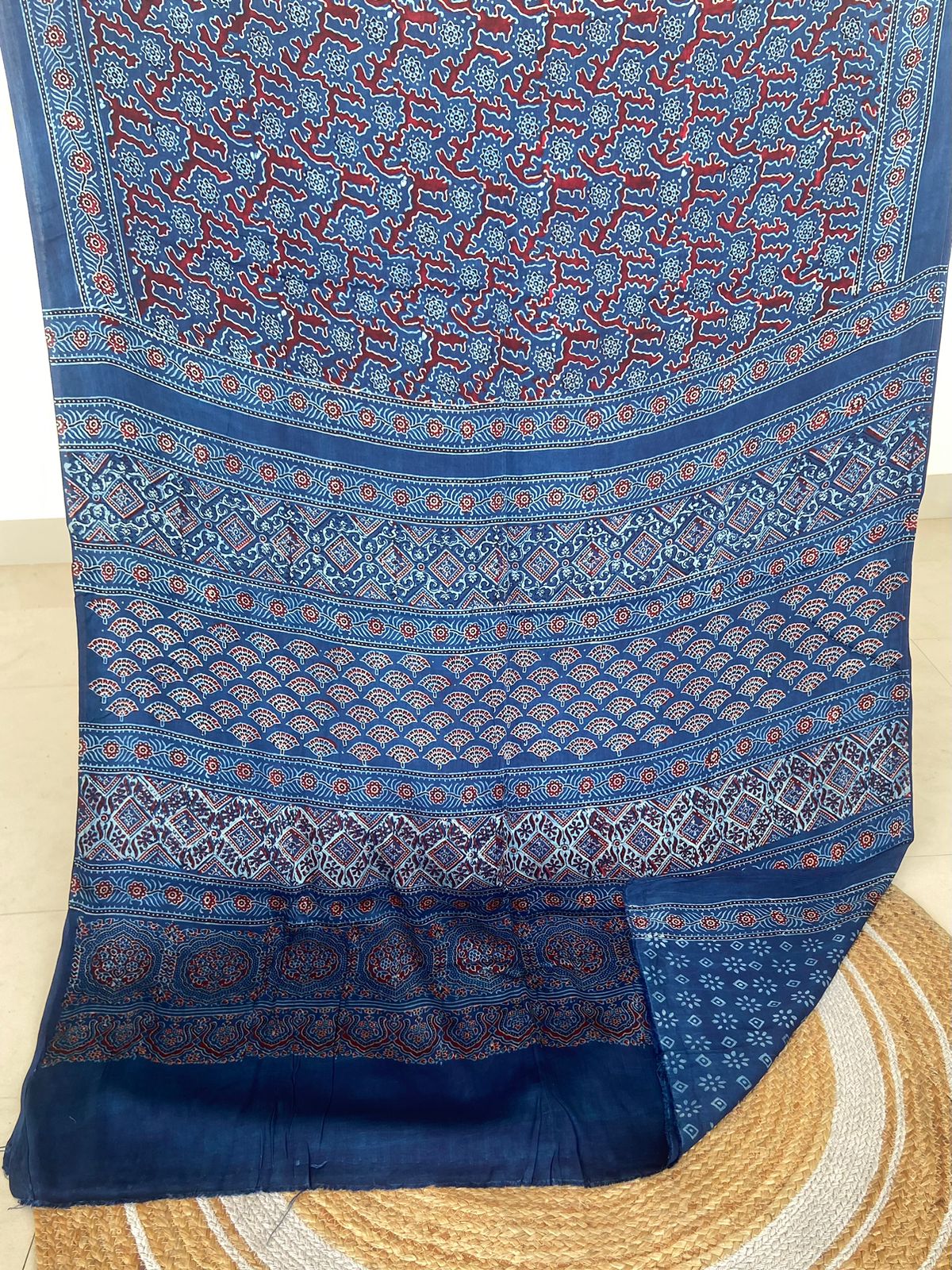 Ajrakh print hand block modhal shatin saree