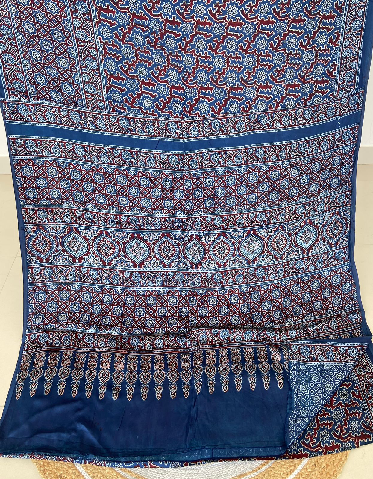 Ajrakh print hand block modhal shatin saree