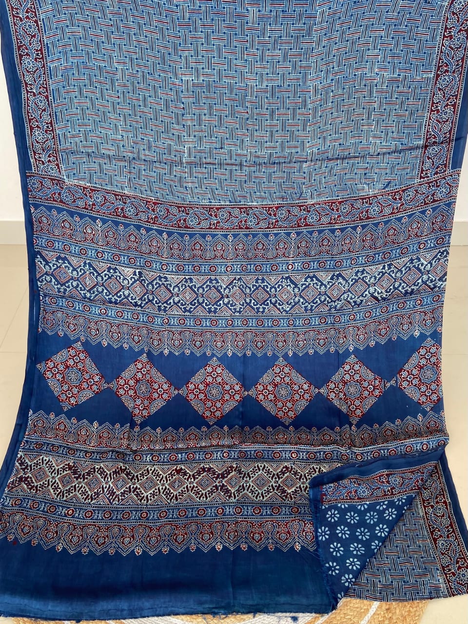 Ajrakh print hand block modhal shatin saree