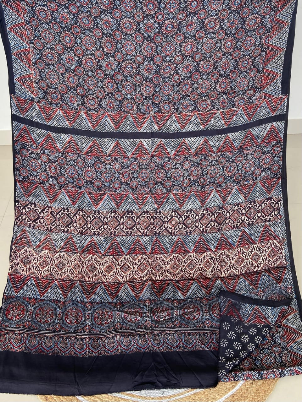 Ajrakh print hand block modhal shatin saree