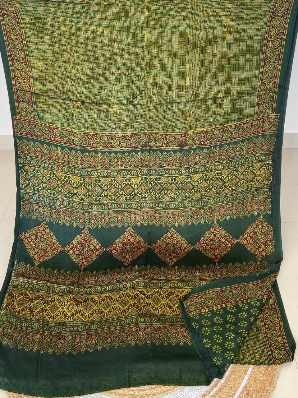 Ajrakh print hand block modhal shatin saree