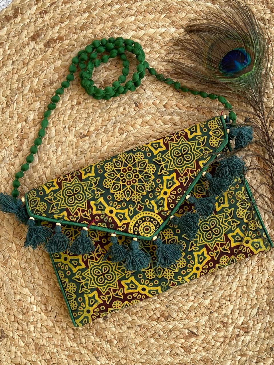 Ajrakh printed clutch cum sling bag