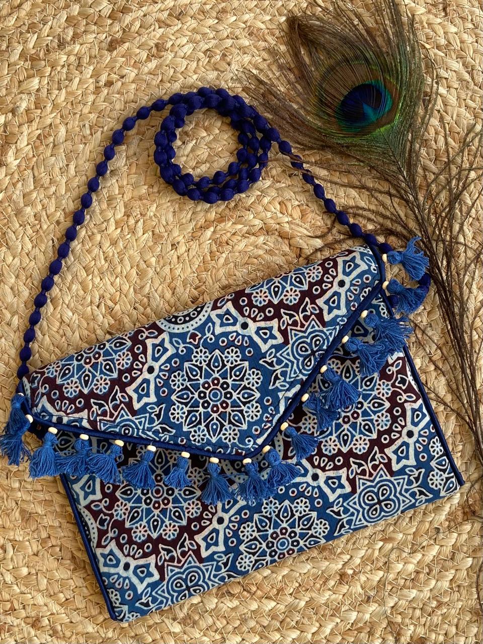 Ajrakh printed clutch cum sling bag