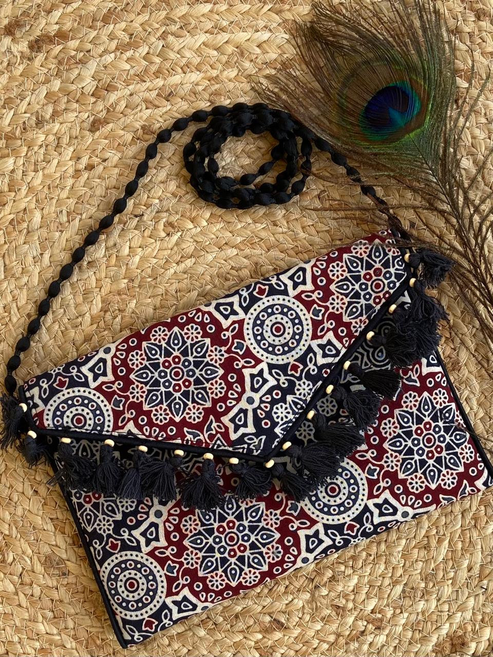 Ajrakh printed clutch cum sling bag