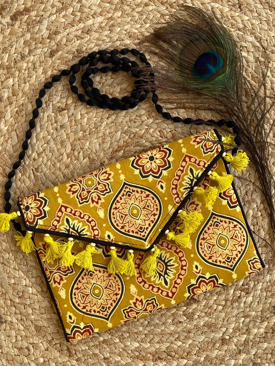 Ajrakh printed clutch cum sling bag