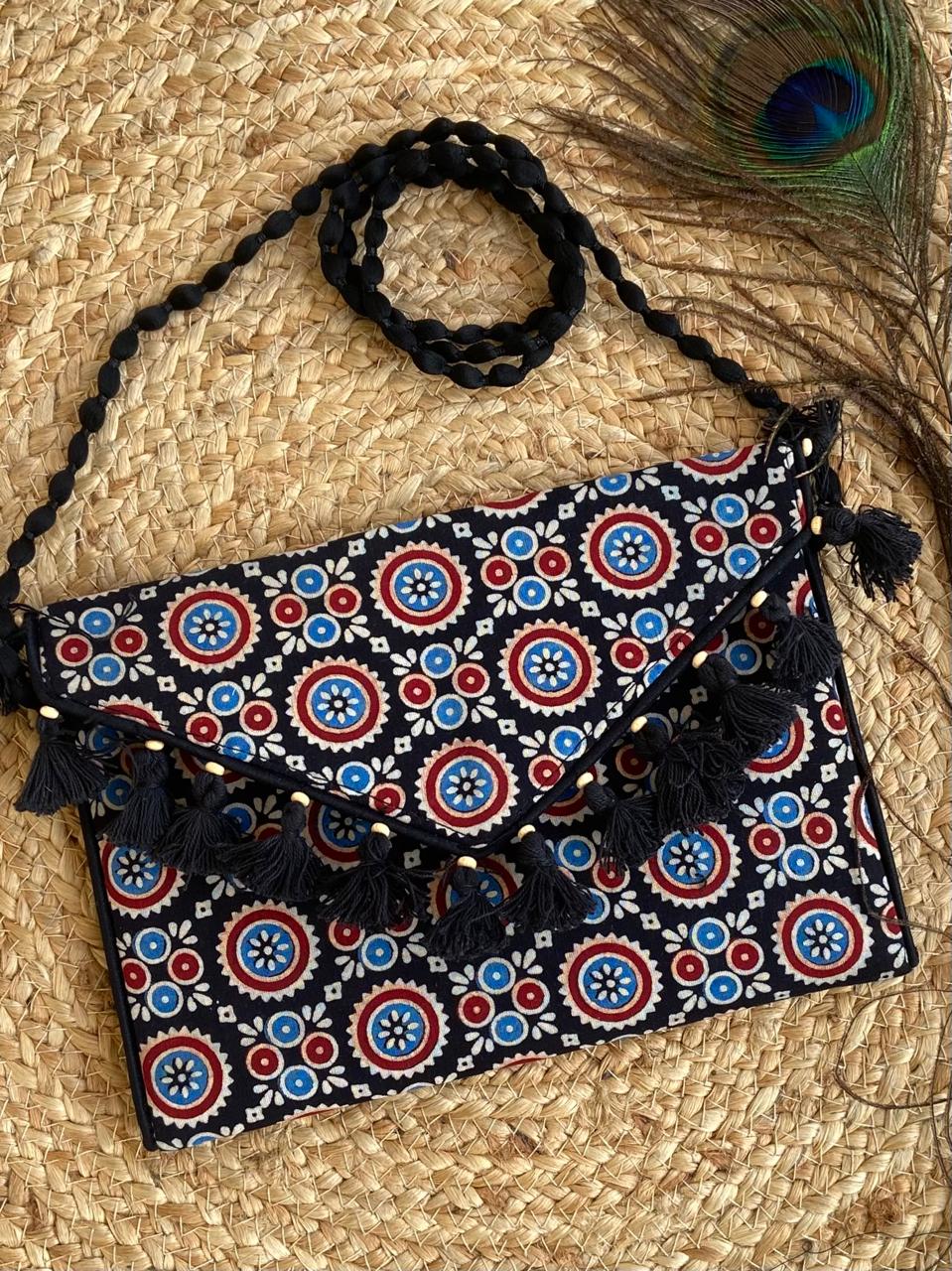 Ajrakh printed clutch cum sling bag