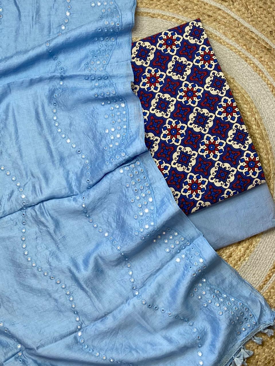 Ajrakh Cotton Printed Top With Muslin Silk Dupatta