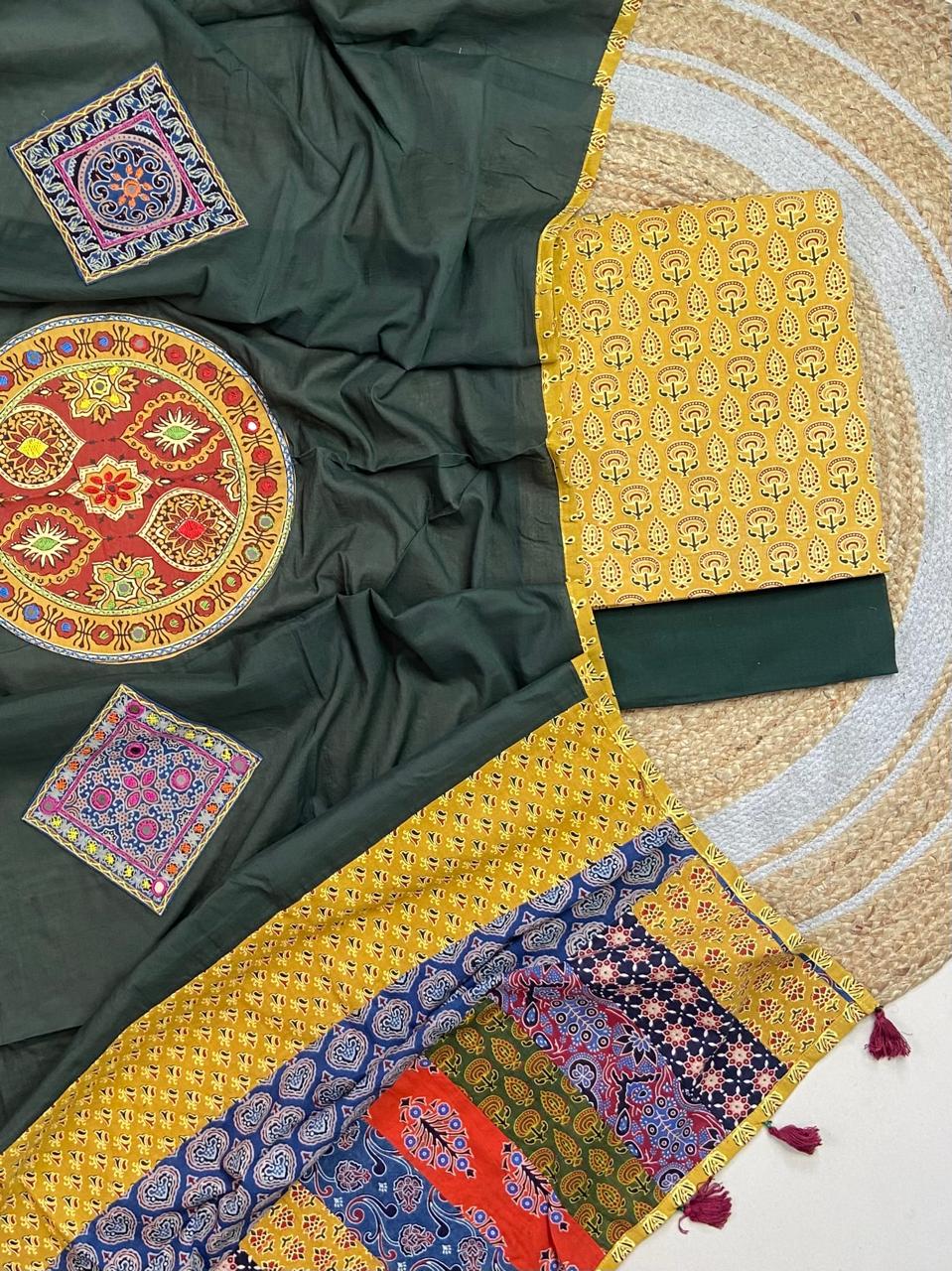 Ajrakh print suit pcs with patch work dupatta