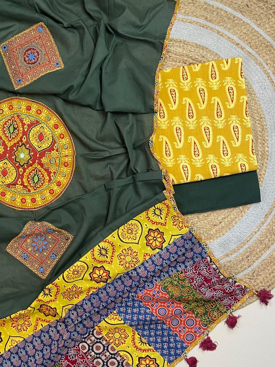 Ajrakh print suit pcs with patch work dupatta