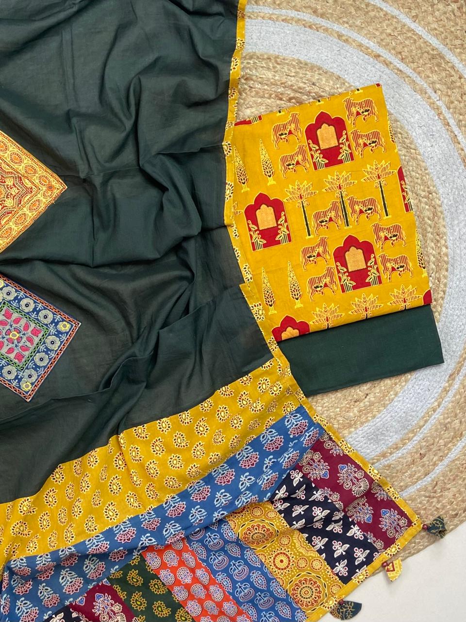 Ajrakh print suit pcs with patch work dupatta