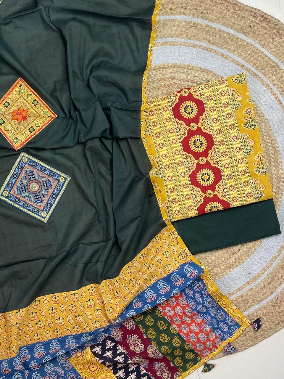 Ajrakh print suit pcs with patch work dupatta