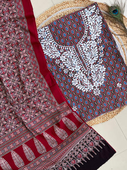 Chikankari Work Ajrakh Dupatta Suit