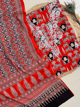 Chikankari Work Ajrakh Dupatta Suit
