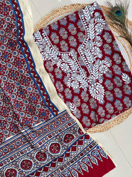 Chikankari Work Ajrakh Dupatta Suit