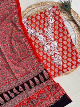 Chikankari Work Ajrakh Dupatta Suit