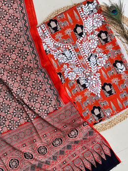 Chikankari Work Ajrakh Dupatta Suit