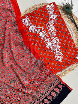 Chikankari Work Ajrakh Dupatta Suit