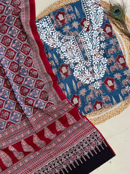 Chikankari Work Ajrakh Dupatta Suit