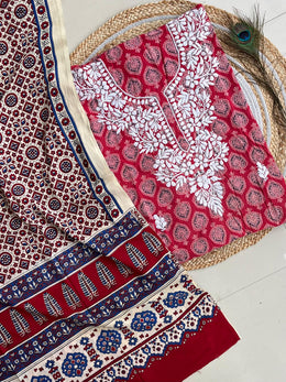 Chikankari Work Ajrakh Dupatta Suit