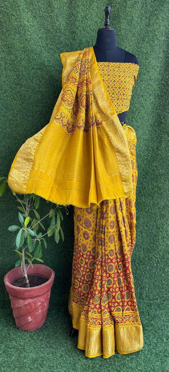 Yellow Ajrakh print hand block Dola silk saree with blouse pc