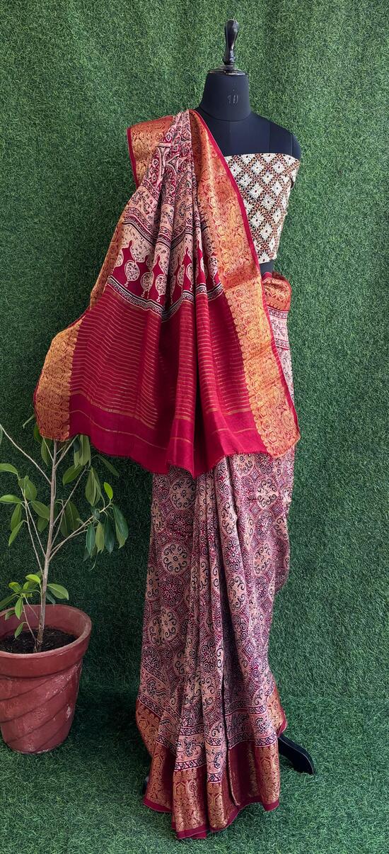 Red Ajrakh print hand block Dola silk saree with blouse pc