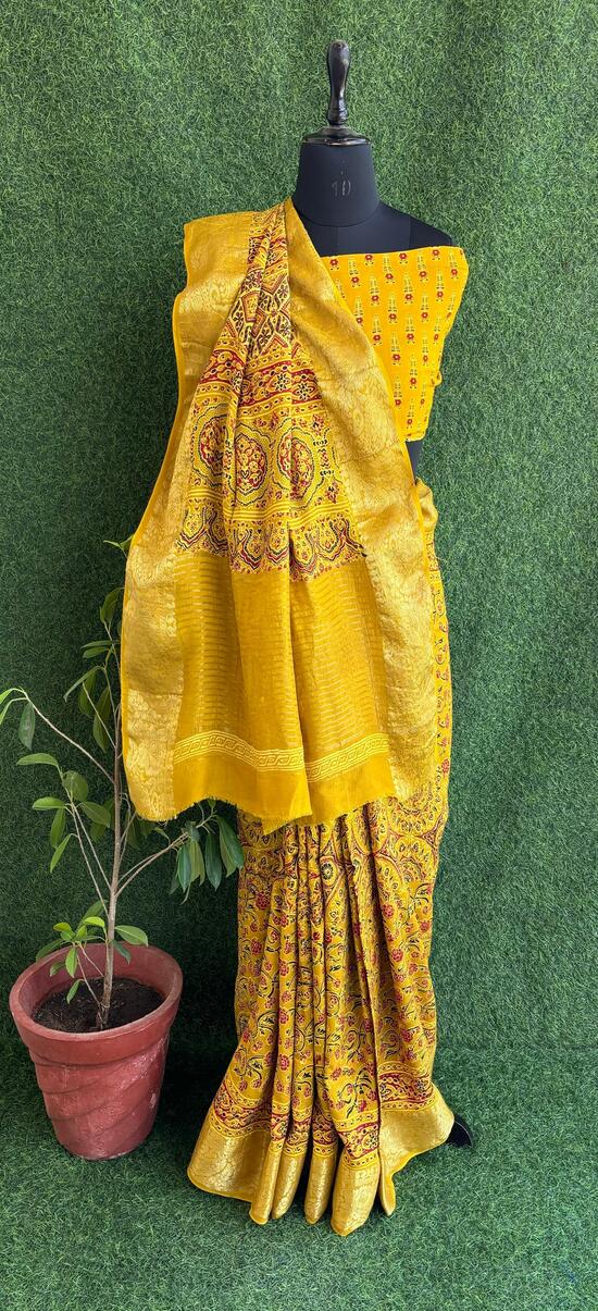 Yellow Ajrakh print hand block Dola silk saree with blouse pc