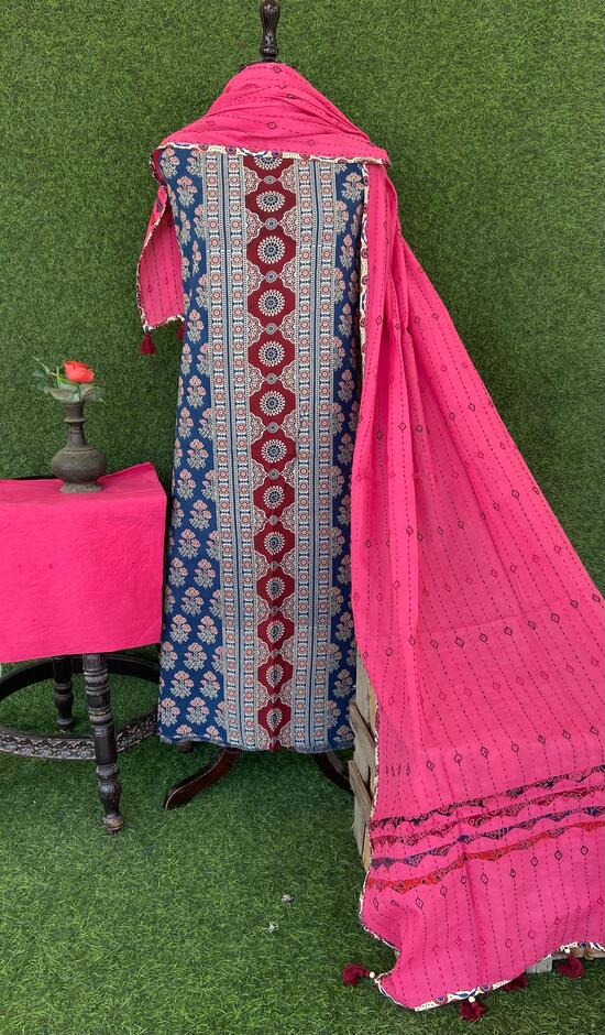 Blue Ajrakh print panel Suit pcs with Pink kantha work mul dupatta